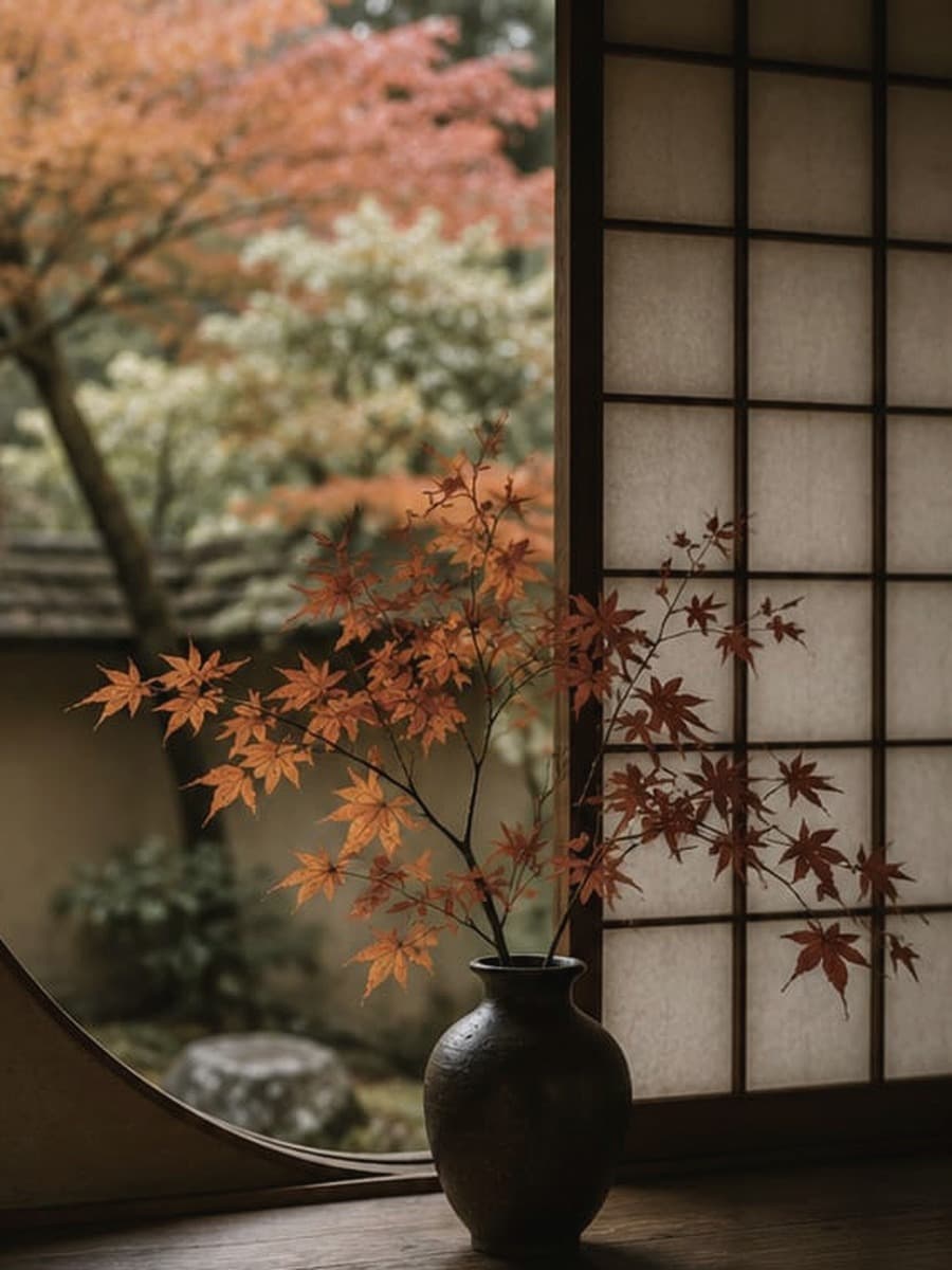 Akçaağaç dalları ve vazoyla tamamlanan sakin bir Japon iç mekanı.
