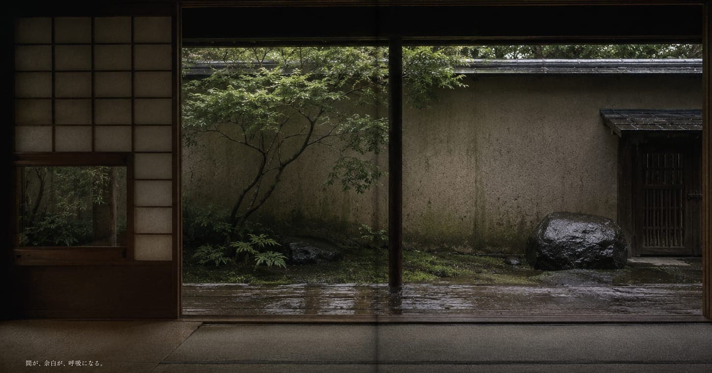 A view from a traditional Japanese interior into a quiet garden.